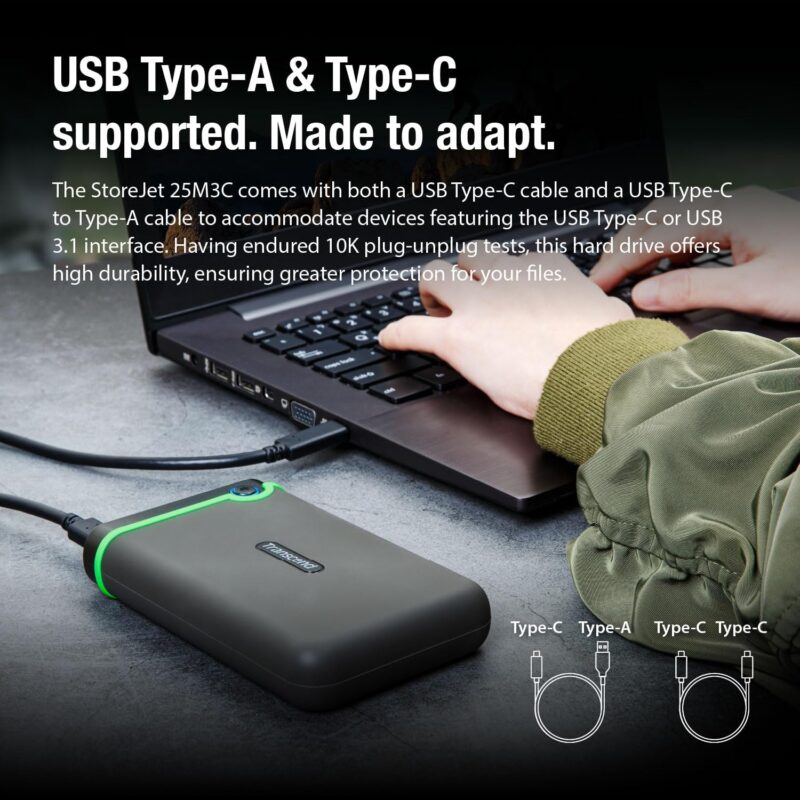 Transcend TS2TSJ25M3C 2TB Storejet 25M3C rugged 2,5inches USB Type C USB 3.1 Gen 1 interface Iron Gray, Black - Image 6