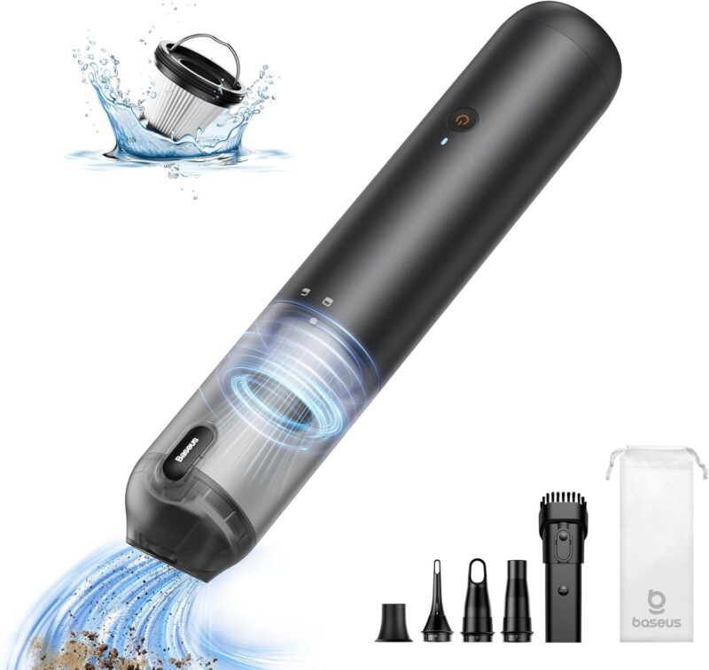 Baseus Car Vacuum Cleaner High Power, A3 Lite 12000PA Handheld Vacuum with Single Touch Empty, USB C Fast Charging, 4 in 1 Mini Hand Vacuum Air Blower Inflator Pump Dust Buster for Car,Home,Office