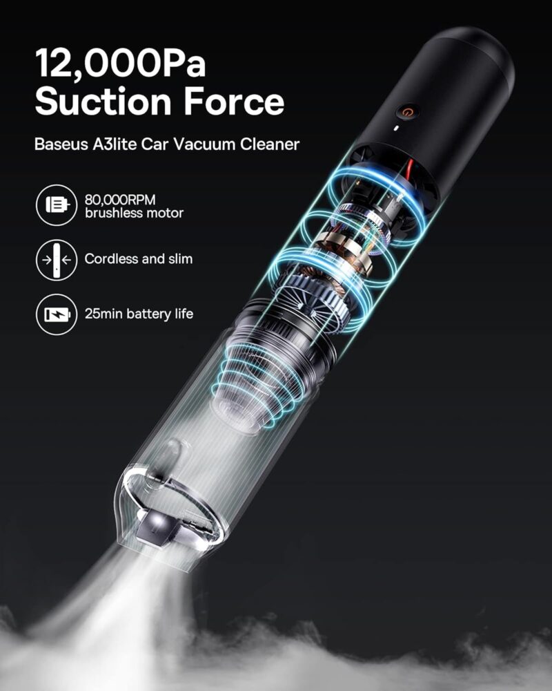 Baseus Car Vacuum Cleaner High Power, A3 Lite 12000PA Handheld Vacuum with Single Touch Empty, USB C Fast Charging, 4 in 1 Mini Hand Vacuum Air Blower Inflator Pump Dust Buster for Car,Home,Office - Image 2