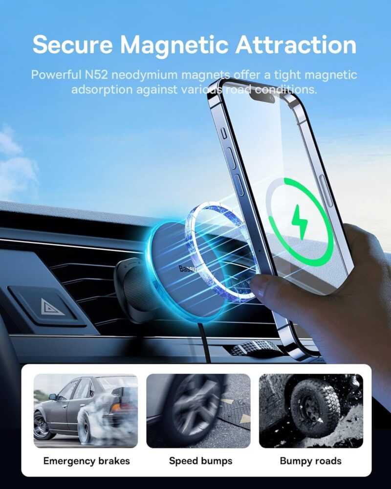 Baseus Magnetic Car Phone Holder CW01 to Ventilation Grid with USB-C Car Charger, 15W + 25W (Black) - Image 2