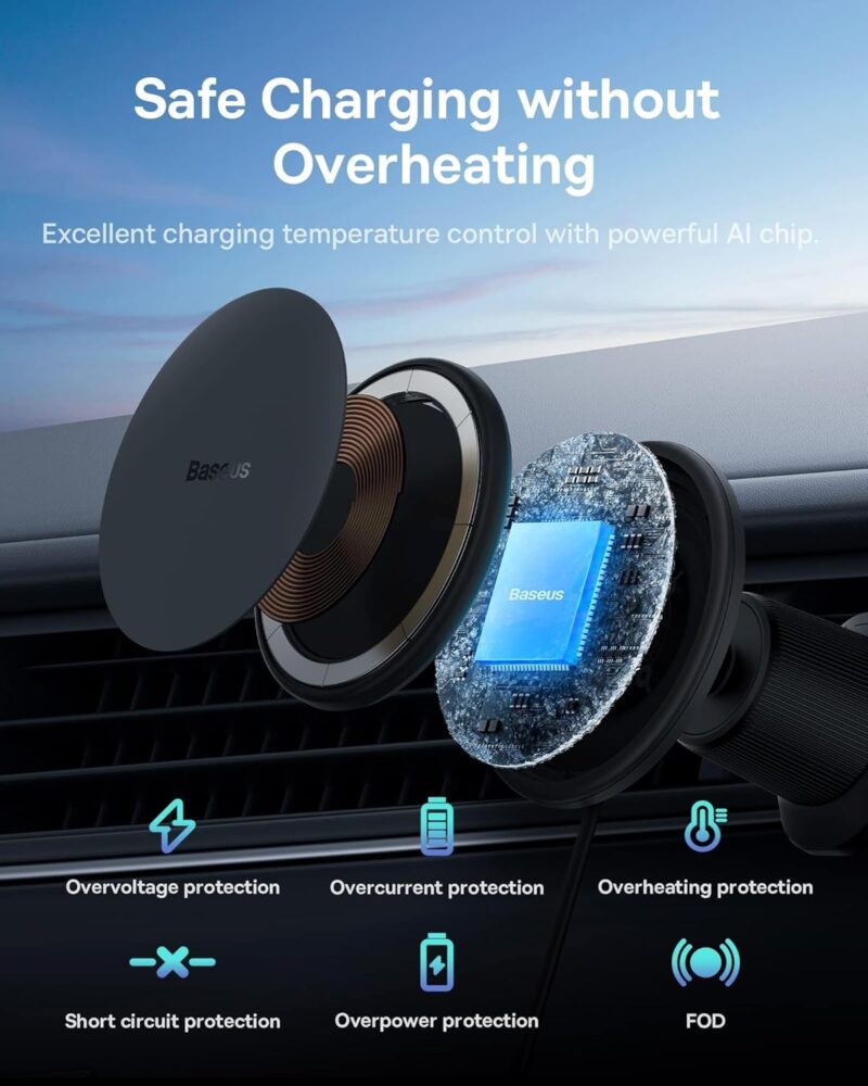 Baseus Magnetic Car Phone Holder CW01 to Ventilation Grid with USB-C Car Charger, 15W + 25W (Black) - Image 6
