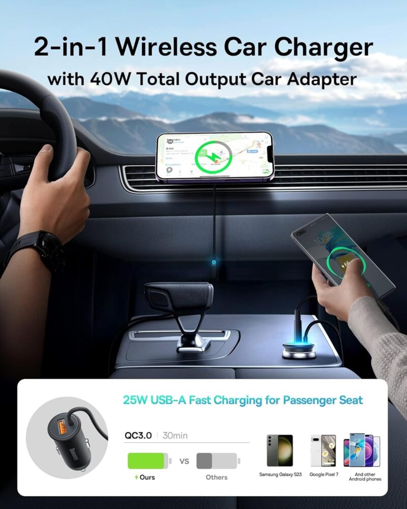 Baseus Magnetic Car Phone Holder CW01 to Ventilation Grid with USB-C Car Charger, 15W + 25W (Black) - Image 7