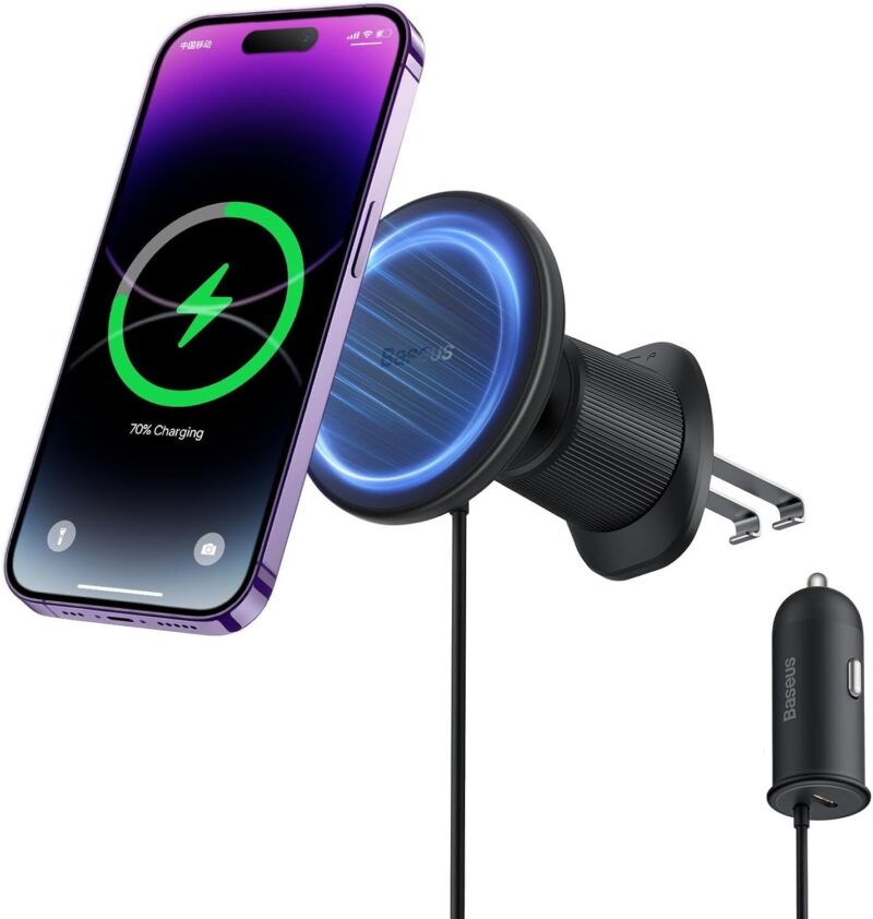 Baseus Magnetic Car Phone Holder CW01 to Ventilation Grid with USB-C Car Charger, 15W + 25W (Black)