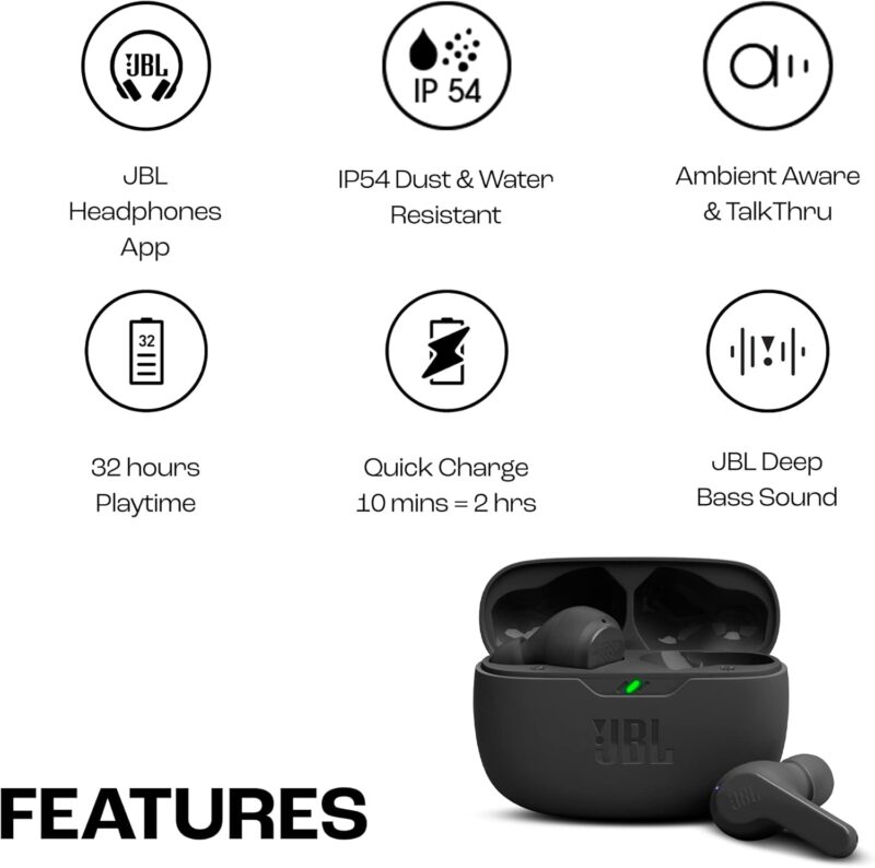JBL Wave Beam True Wireless Earbuds, Deep Bass, Comfort Fit, 32H Battery, Smart Ambient, TalkThru, Hands-Free + VoiceAware, Water and Dust Resistant - Black, JBLWBEAMBLK - Image 7