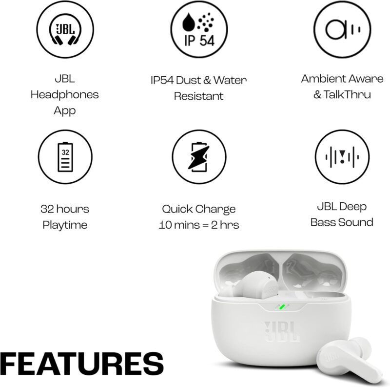 JBL Wave Beam True Wireless Earbuds, Deep Bass, Comfort Fit, 32H Battery, Smart Ambient, TalkThru, Hands-Free + VoiceAware, Water and Dust Resistant - White, JBLWBEAMWHT - Image 8